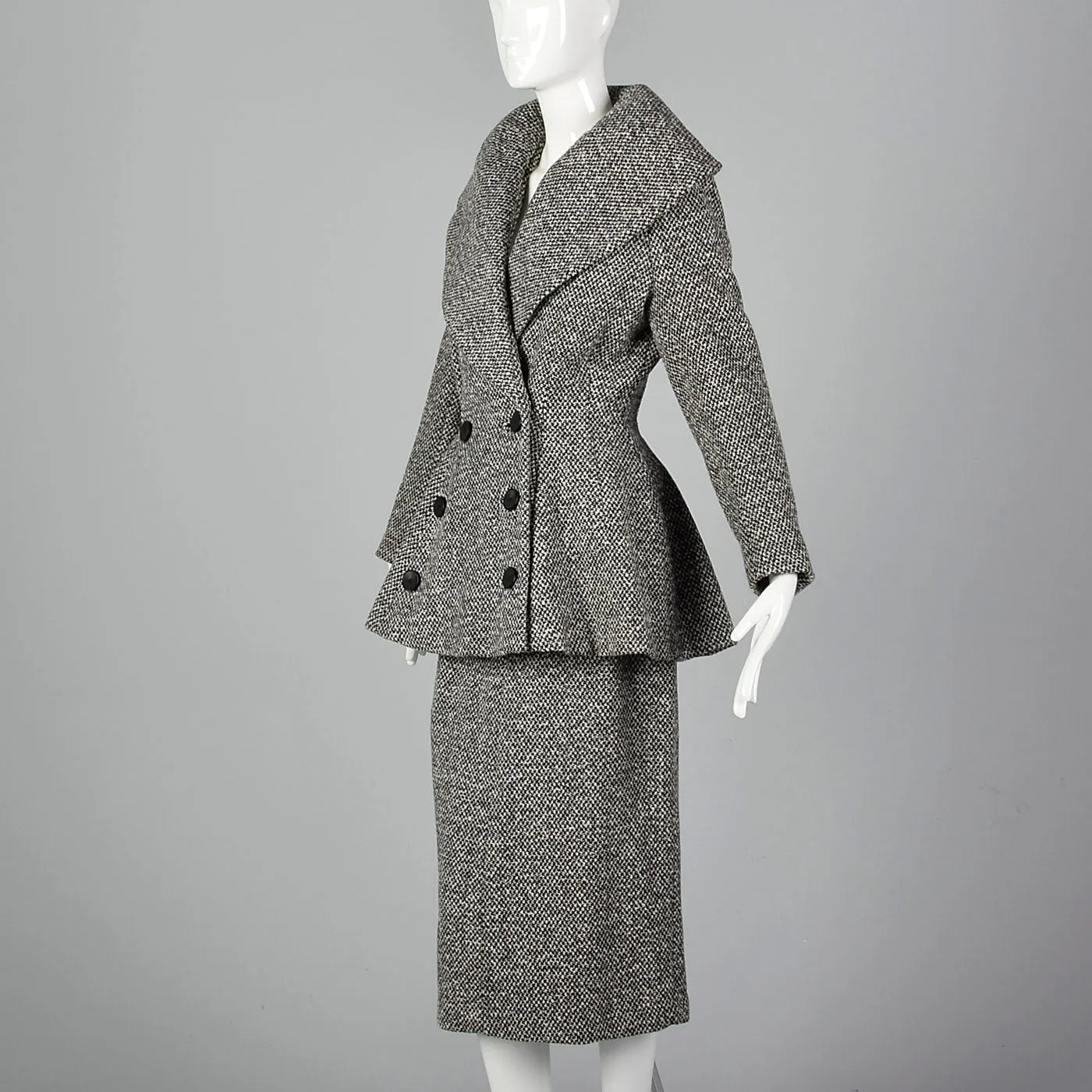 1950s Wool Tweed Skirt Suit with Sculptable Portrait Collar