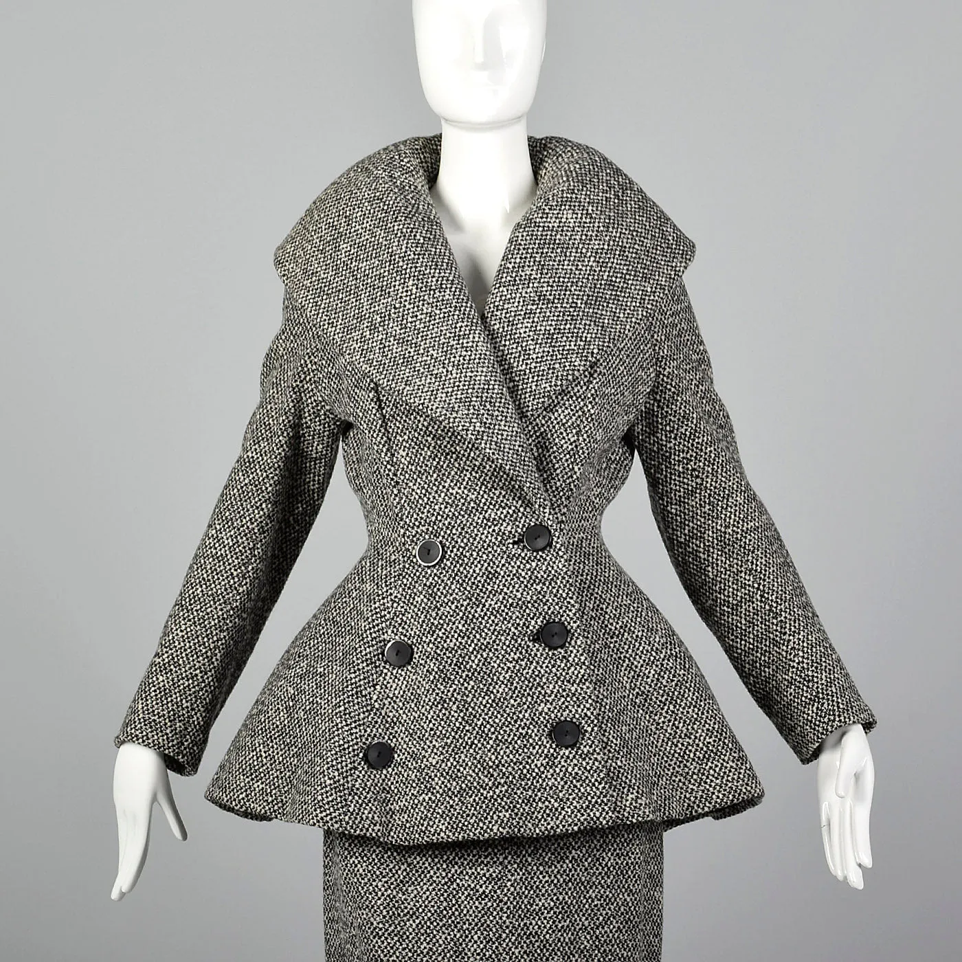 1950s Wool Tweed Skirt Suit with Sculptable Portrait Collar