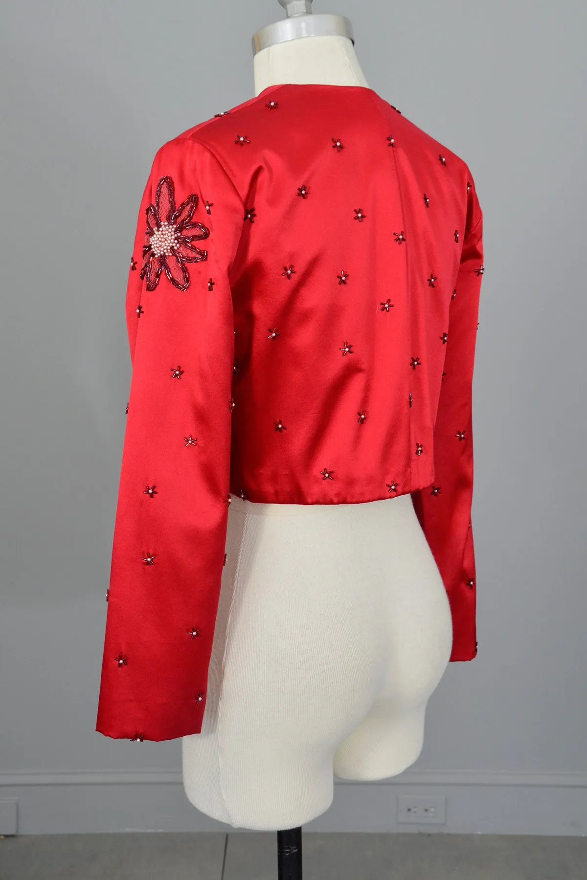 1980s 90s Red Satin Beaded Pearls Cropped Bolero Shrug