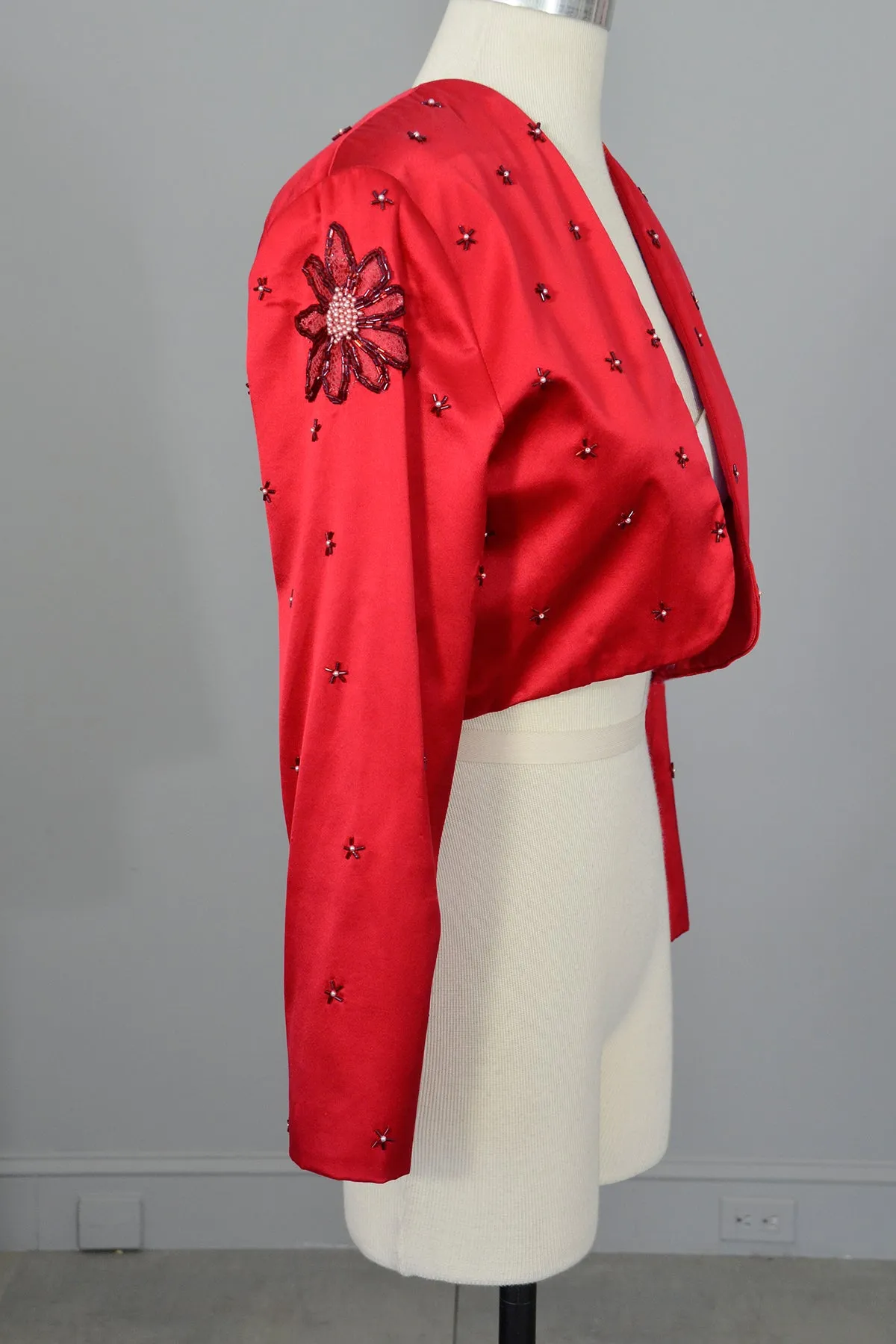 1980s 90s Red Satin Beaded Pearls Cropped Bolero Shrug