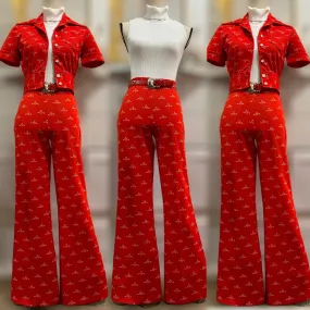 60s-70s 2-piece Rosettes Pantsuit - Cropped Jacket & Wide Leg Bottoms (XXS-XS, 20”-26” Waist)