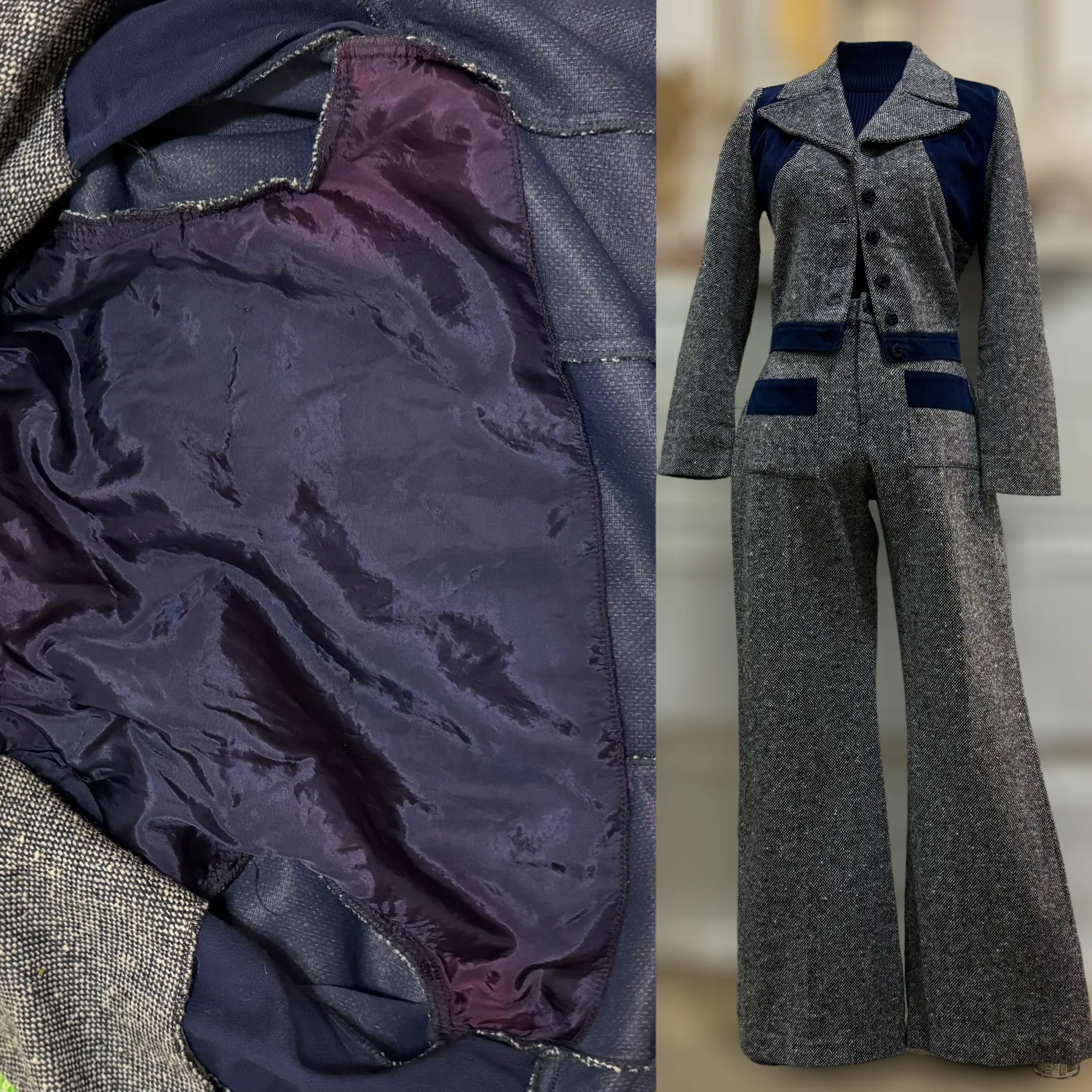 60s-70s Cropped Jacket & Flared Bottoms 2PC Pantsuit (S-M, 27"-28"W)
