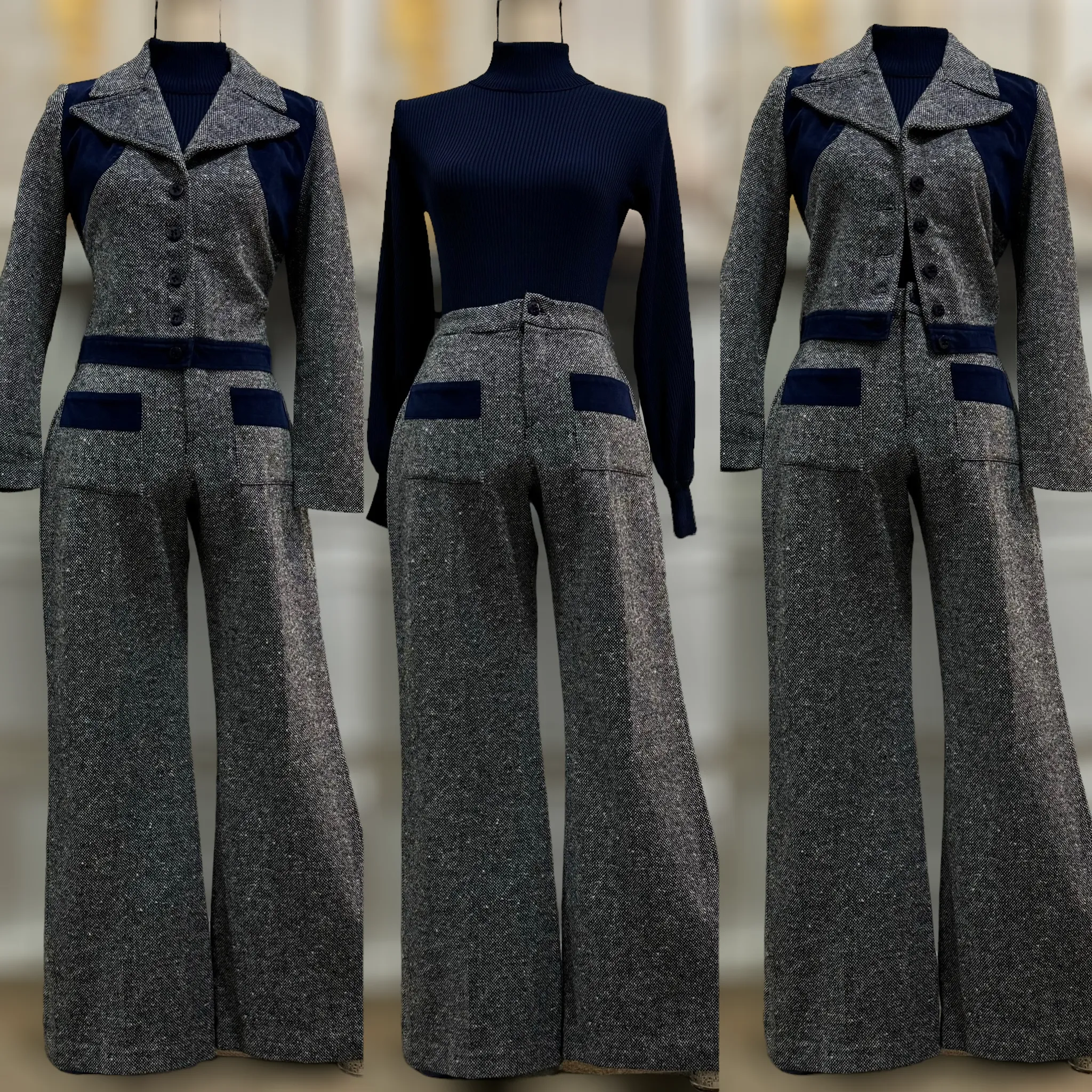 60s-70s Cropped Jacket & Flared Bottoms 2PC Pantsuit (S-M, 27"-28"W)
