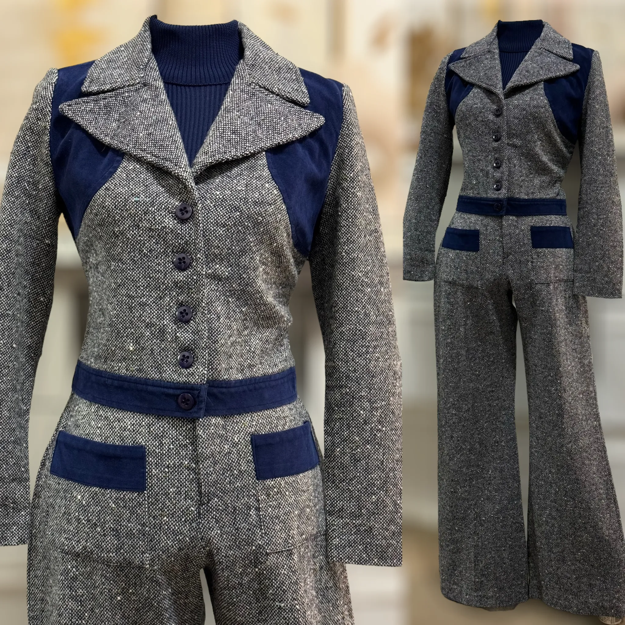 60s-70s Cropped Jacket & Flared Bottoms 2PC Pantsuit (S-M, 27"-28"W)