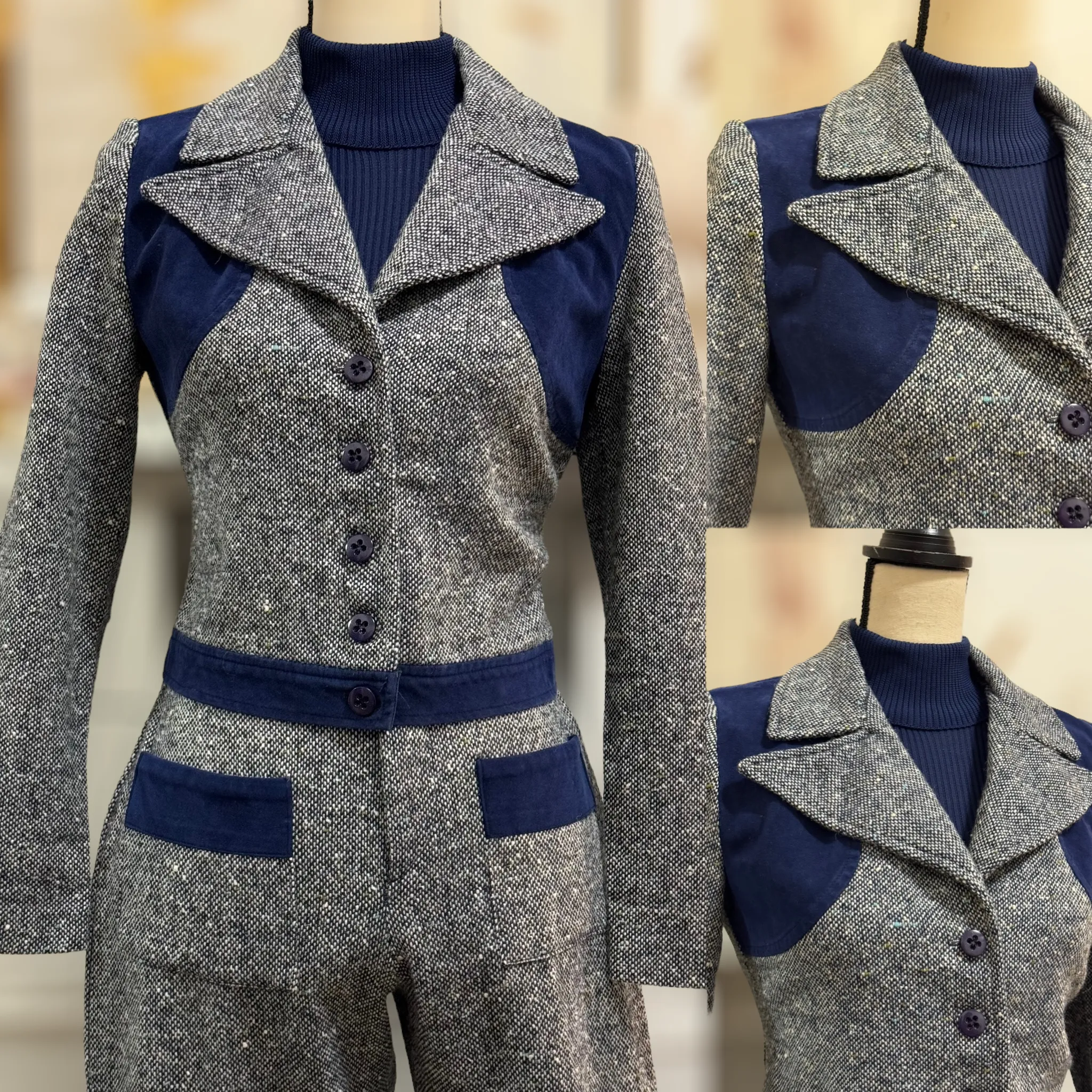 60s-70s Cropped Jacket & Flared Bottoms 2PC Pantsuit (S-M, 27"-28"W)