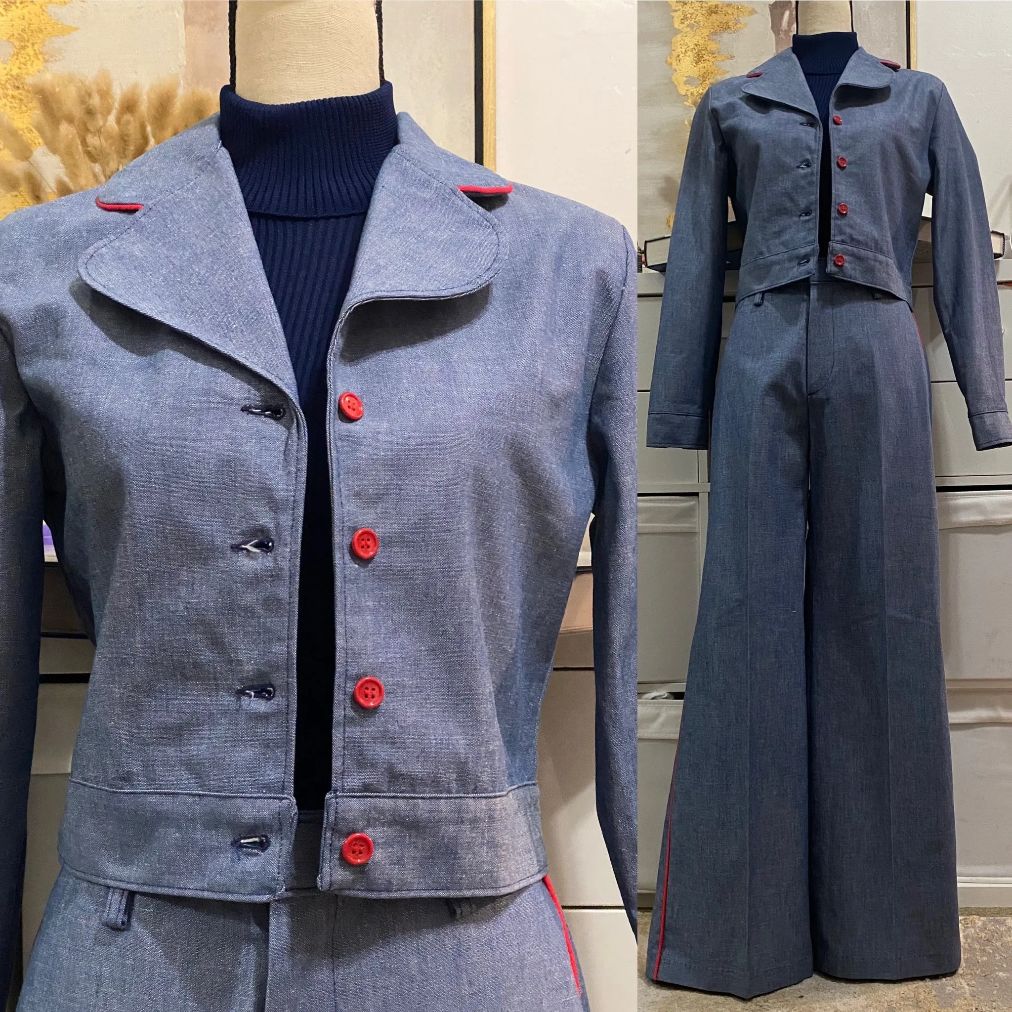 70s 2PC Denim Chambray Wide Leg Pantsuit (M, 30"W) - Cropped Jacket