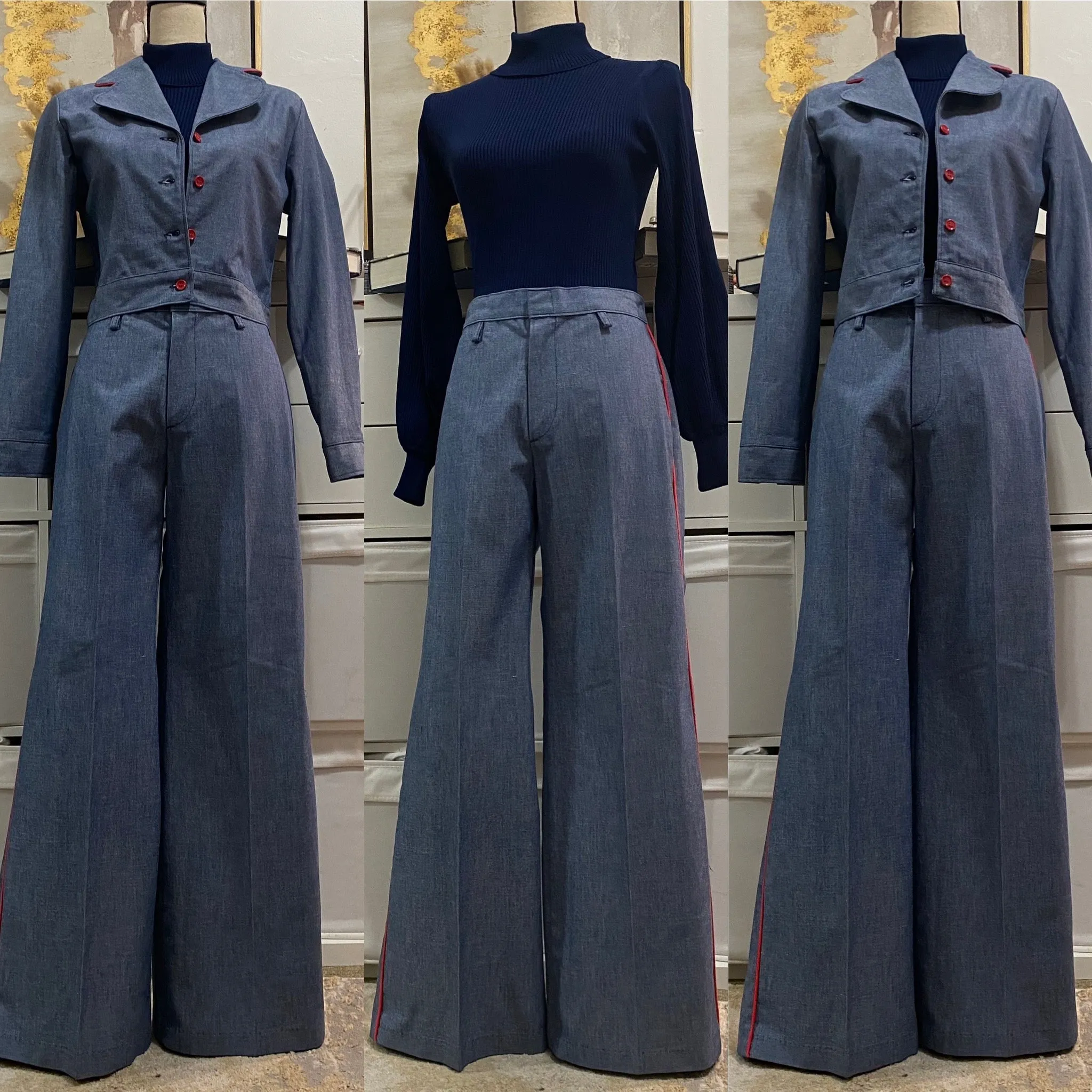 70s 2PC Denim Chambray Wide Leg Pantsuit (M, 30"W) - Cropped Jacket