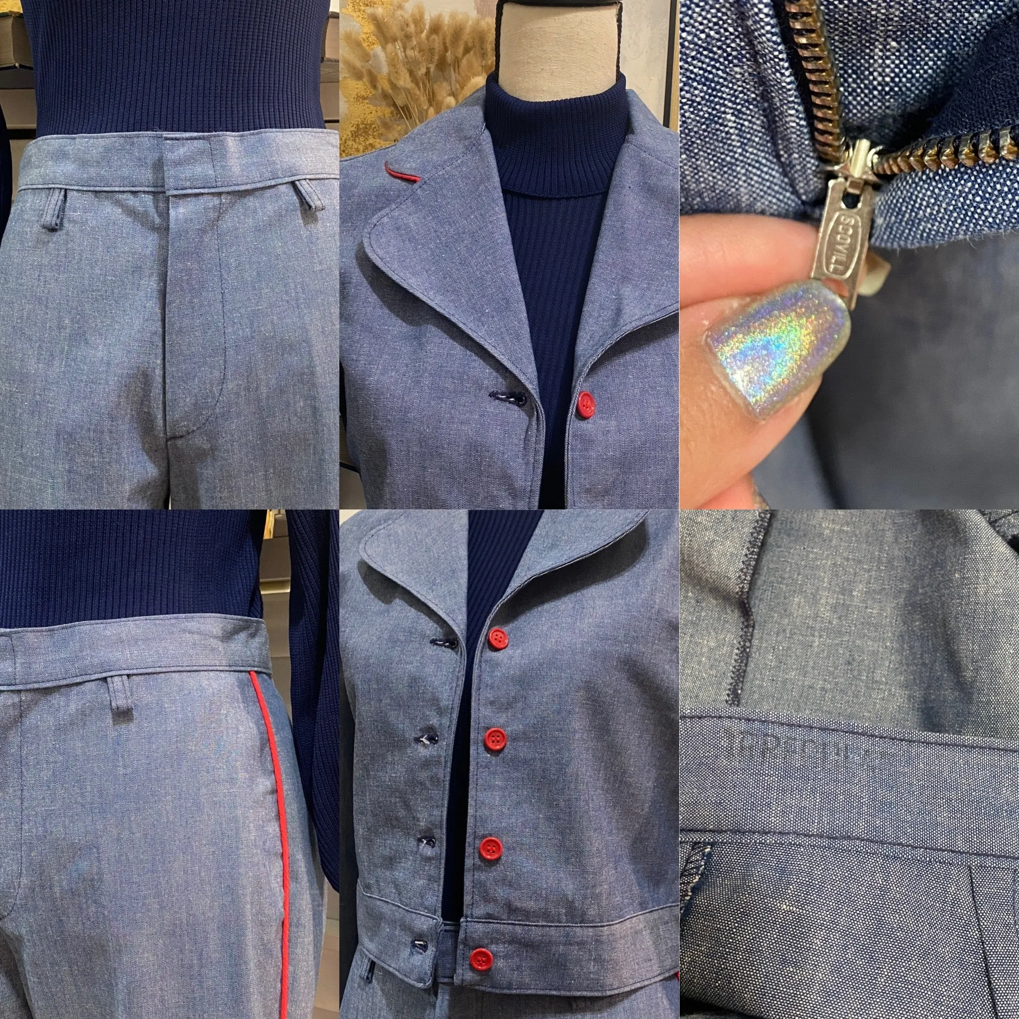 70s 2PC Denim Chambray Wide Leg Pantsuit (M, 30"W) - Cropped Jacket