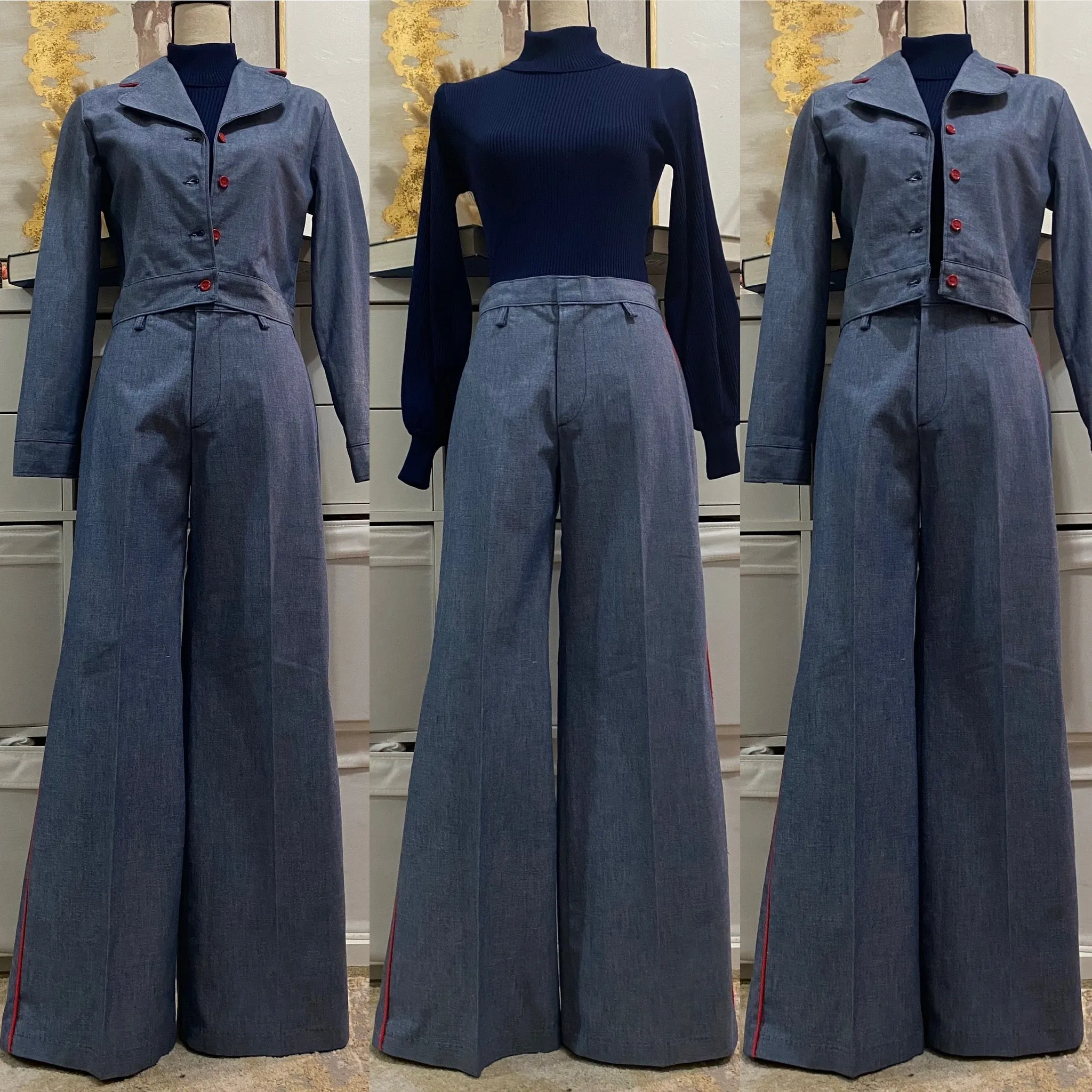 70s 2PC Denim Chambray Wide Leg Pantsuit (M, 30"W) - Cropped Jacket
