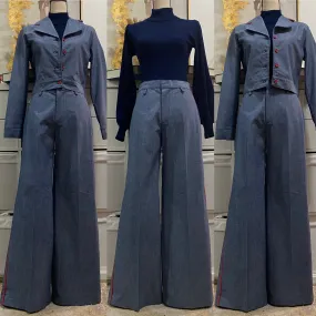 70s 2PC Denim Chambray Wide Leg Pantsuit (M, 30"W) - Cropped Jacket