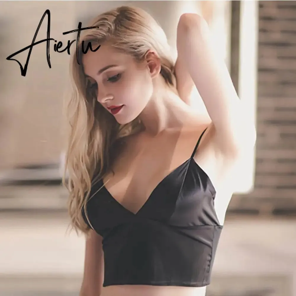 Aiertu Sexy Satin Crop Tops Women Wireless Bralette Crochet Top Female Spaghetti Strap T-shirt Cropped With Chest Padded Camisole Camis