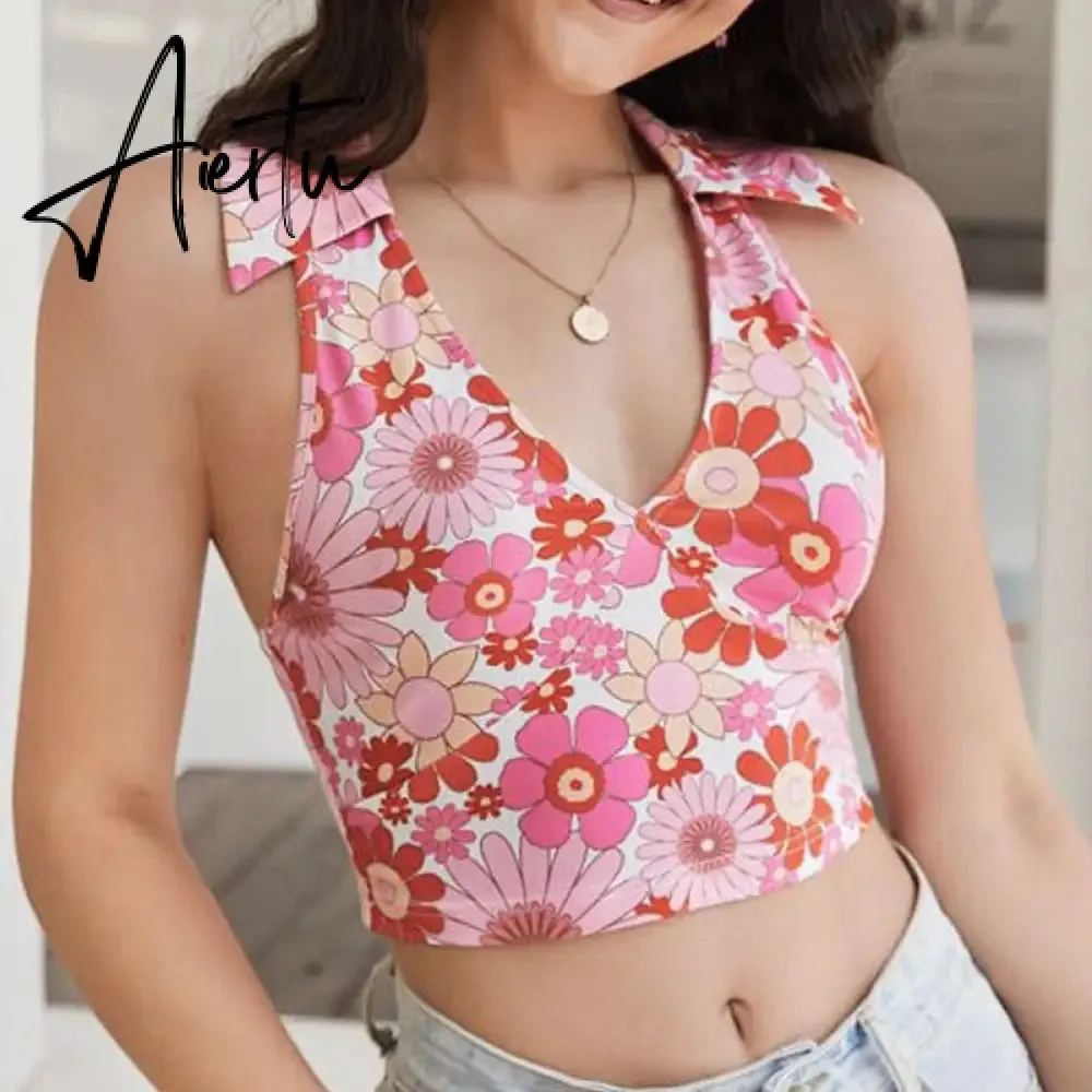 Aiertu Sexy Women Floral Print Vest Tops Summer Ladies Backless Sleeveless Halter Tank Multiple Styles Casual Camisole