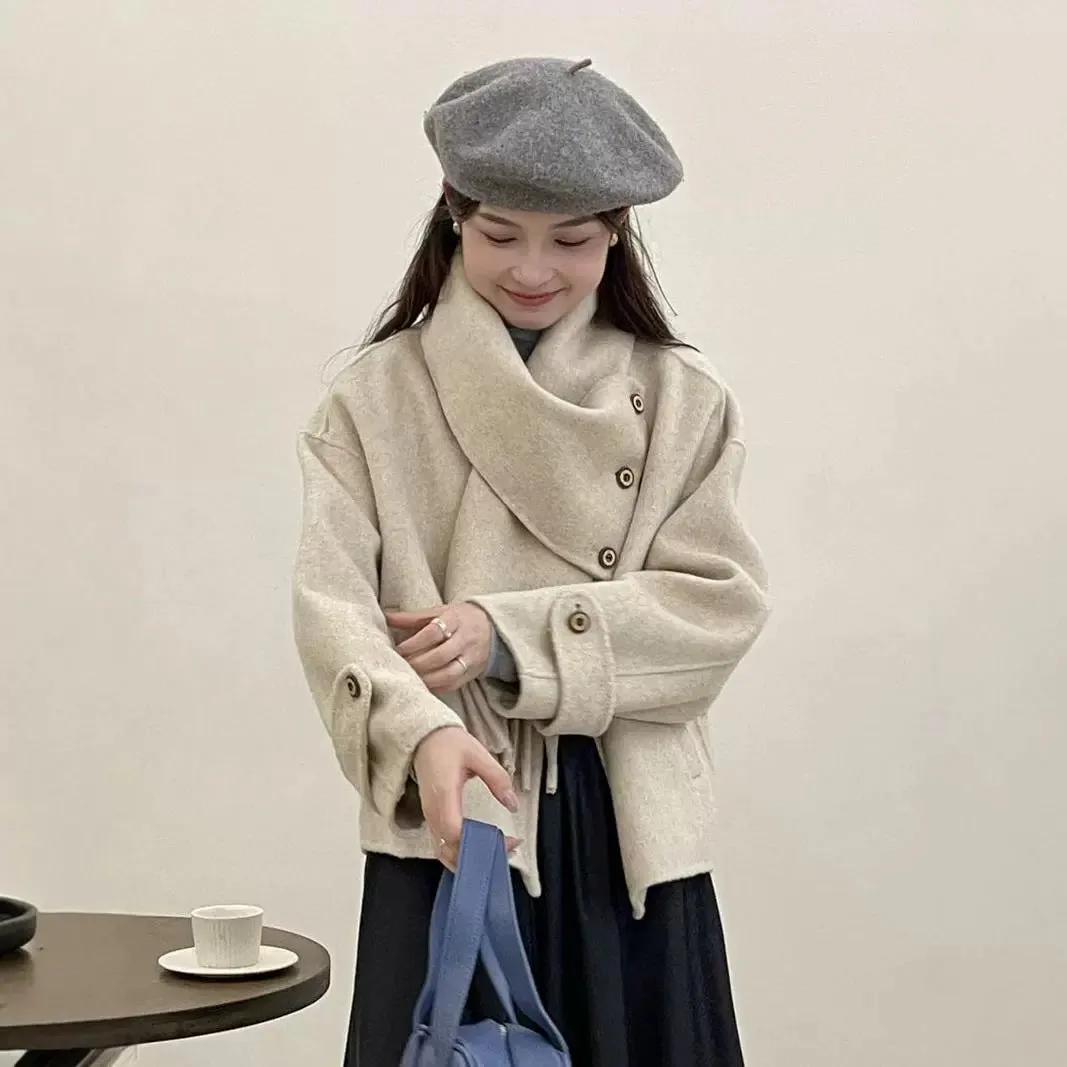 Bonnyshow frat outfits Solid Color Scarf Single Row Multi-Buckle Drop Shoulder Sleeve Double-Sided Cashmere Coat High-Grade Woolen Coat for Women Autumn and Winter New