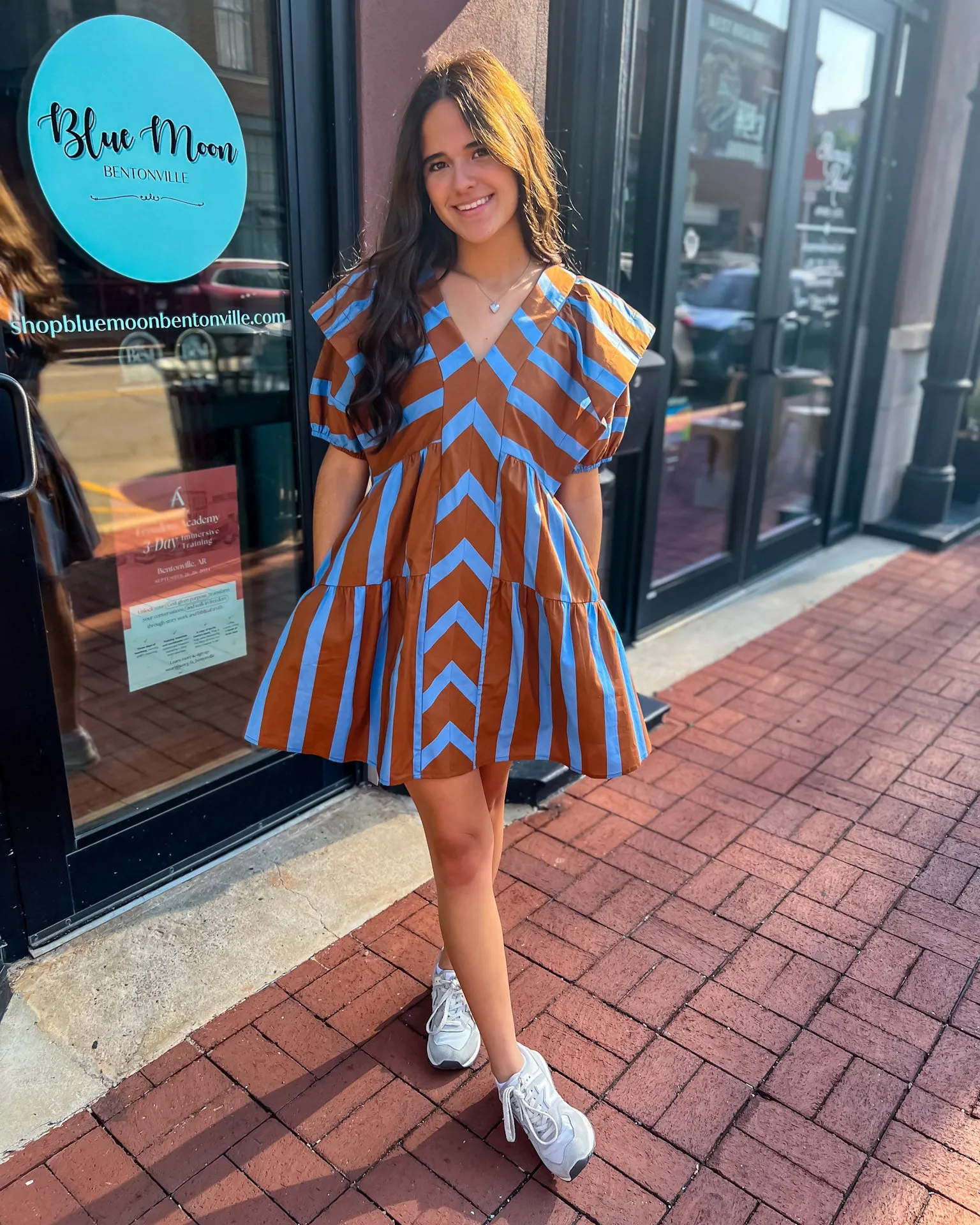 Brown/Blue Mixed Line V-Neck Mini Dress