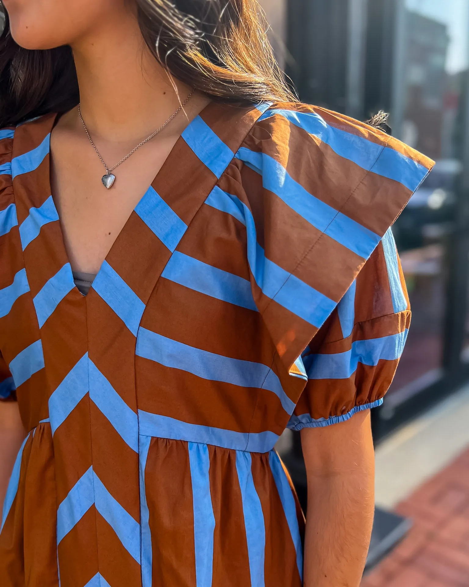 Brown/Blue Mixed Line V-Neck Mini Dress