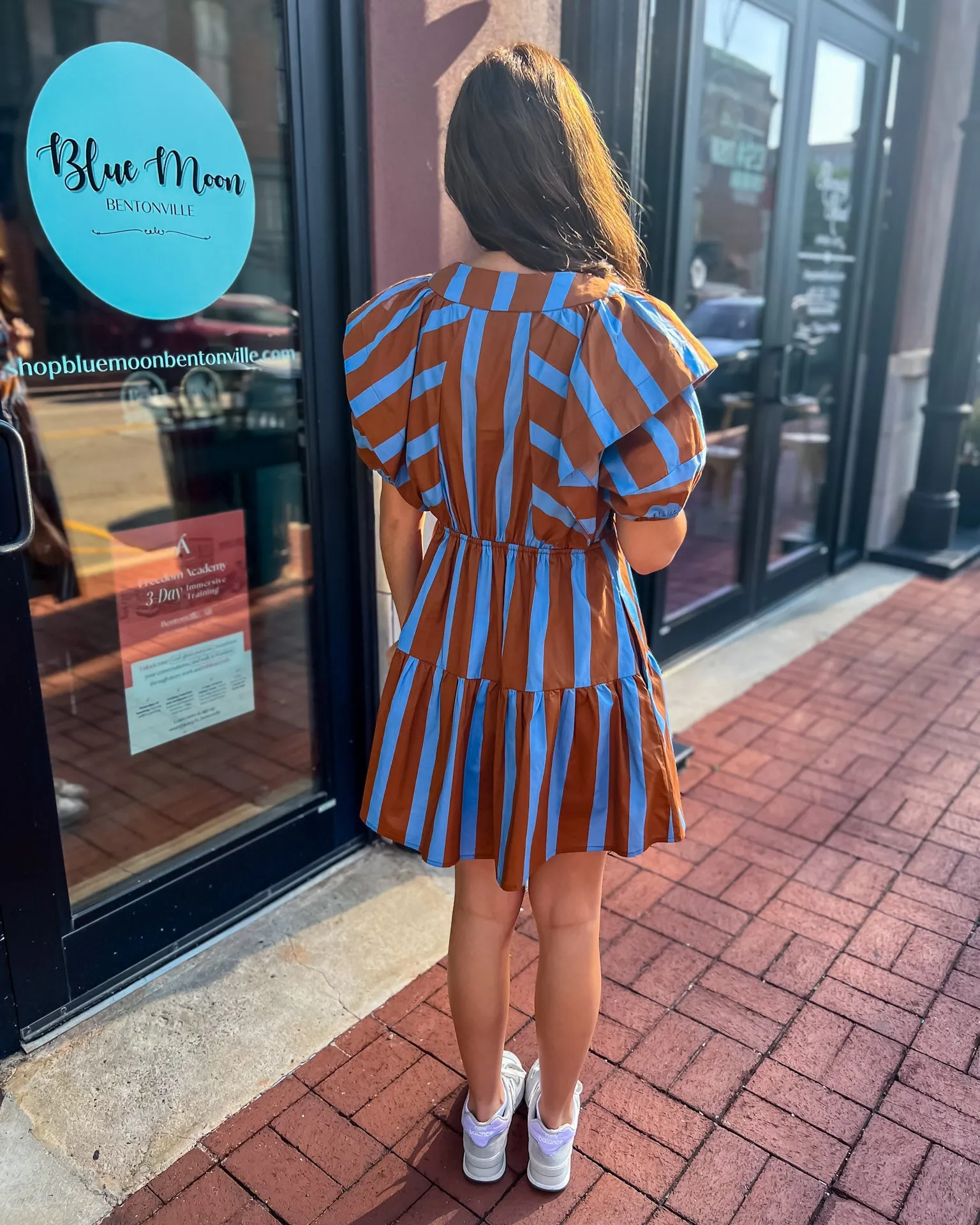 Brown/Blue Mixed Line V-Neck Mini Dress