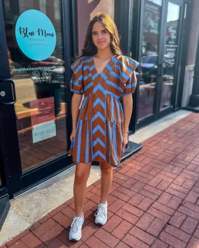 Brown/Blue Mixed Line V-Neck Mini Dress