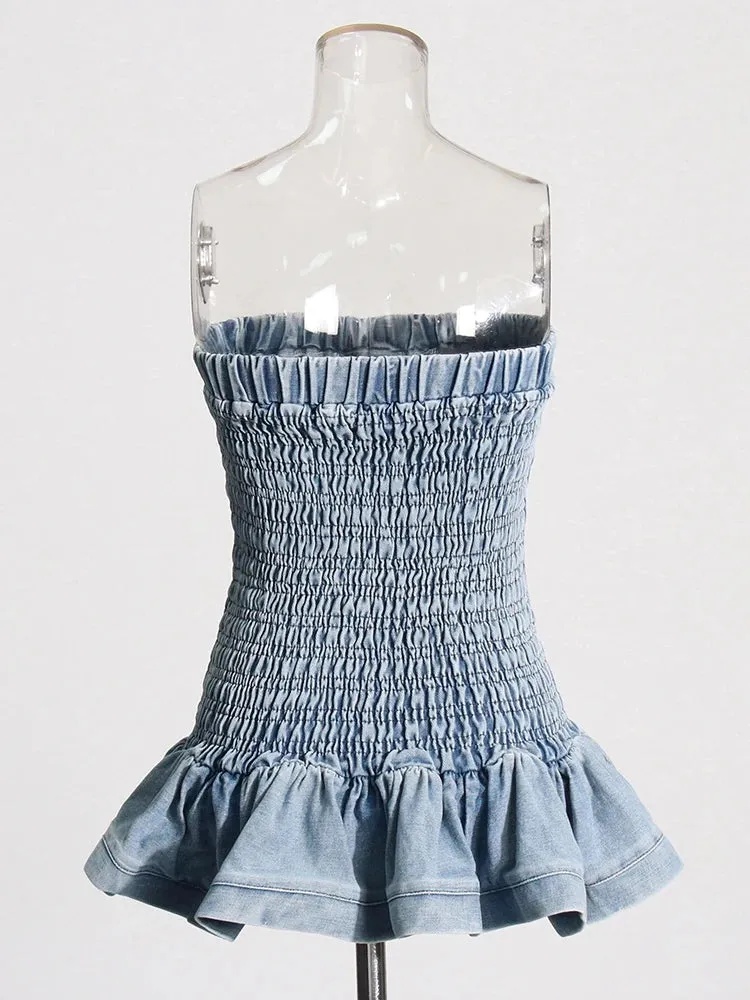 Denim Tube Top with Ruffle Hem