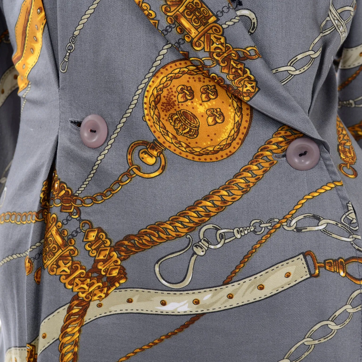 Donna Ricco New York Gray & Gold Vintage Novelty Belt Print Wrap Dress