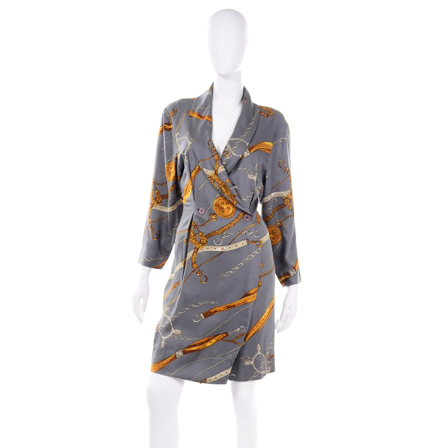 Donna Ricco New York Gray & Gold Vintage Novelty Belt Print Wrap Dress