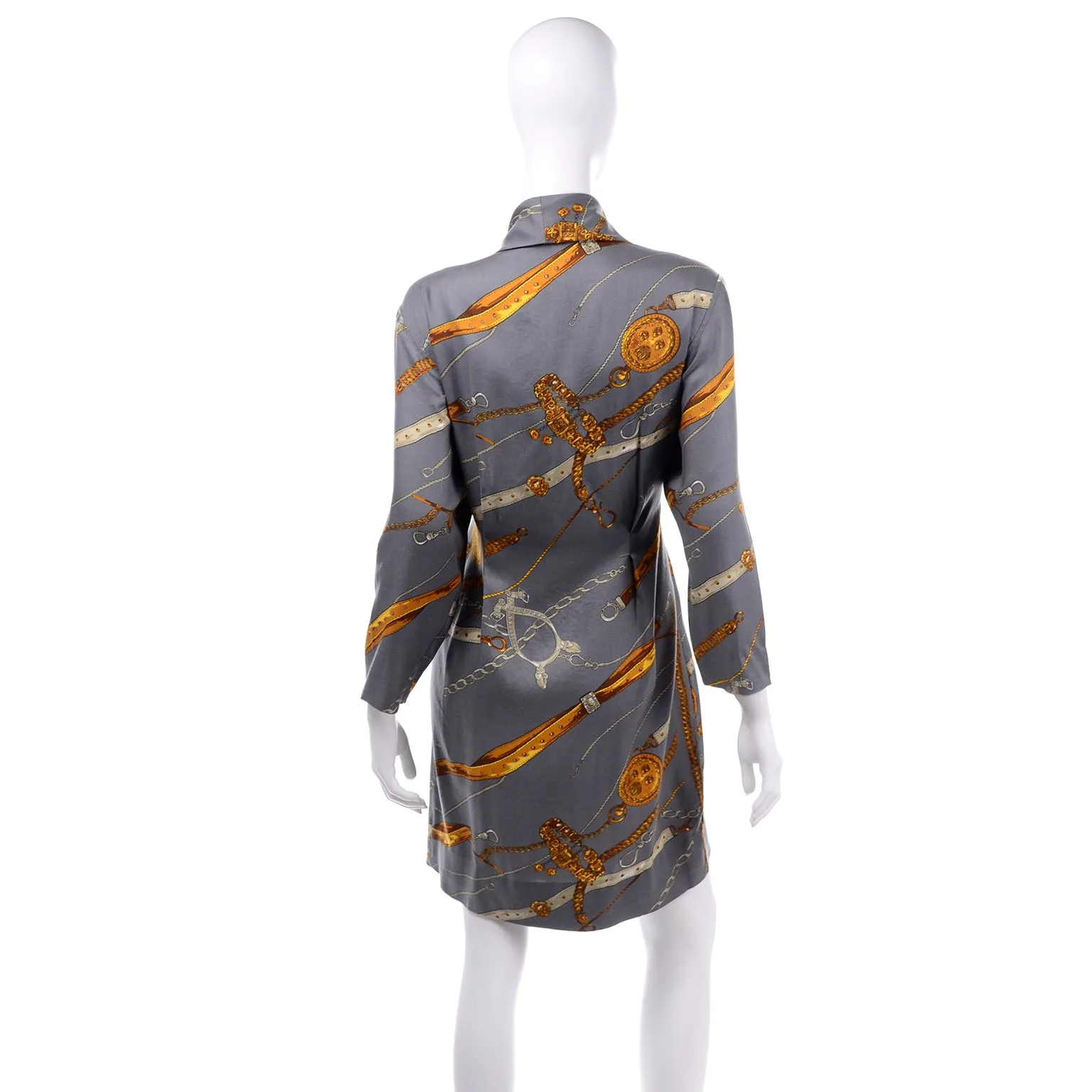 Donna Ricco New York Gray & Gold Vintage Novelty Belt Print Wrap Dress