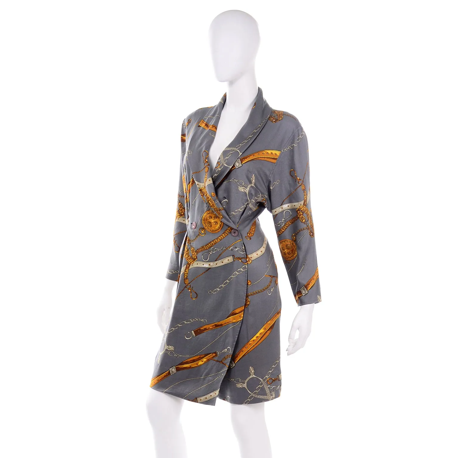 Donna Ricco New York Gray & Gold Vintage Novelty Belt Print Wrap Dress