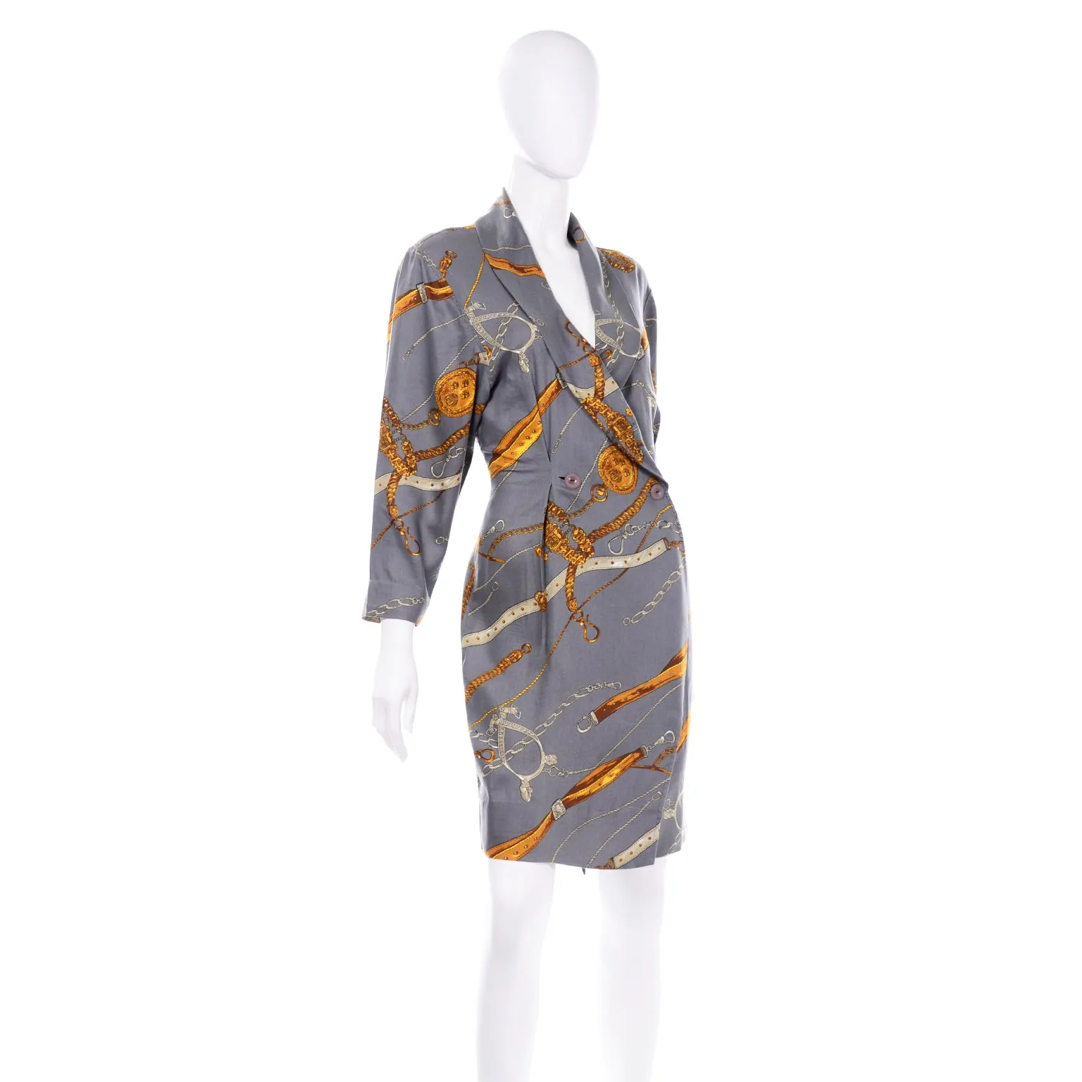 Donna Ricco New York Gray & Gold Vintage Novelty Belt Print Wrap Dress