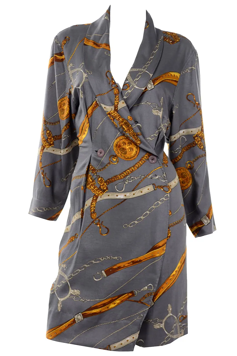 Donna Ricco New York Gray & Gold Vintage Novelty Belt Print Wrap Dress