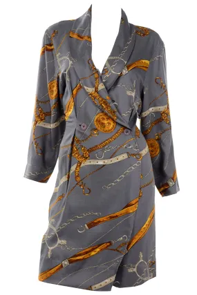 Donna Ricco New York Gray & Gold Vintage Novelty Belt Print Wrap Dress