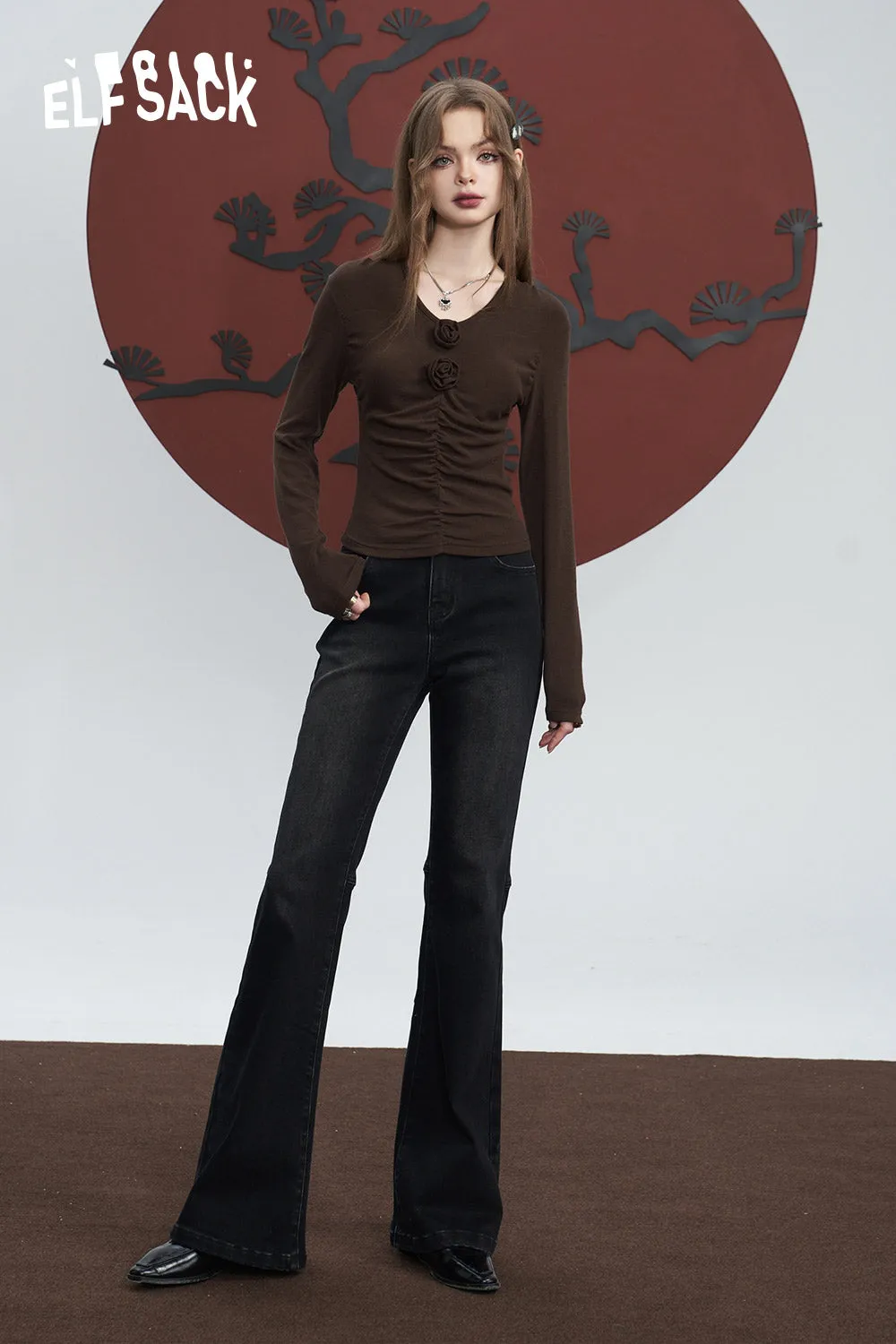 ELFSACK Flared Trousers Women 2023 Winter Slim High Waist Daily Jeans