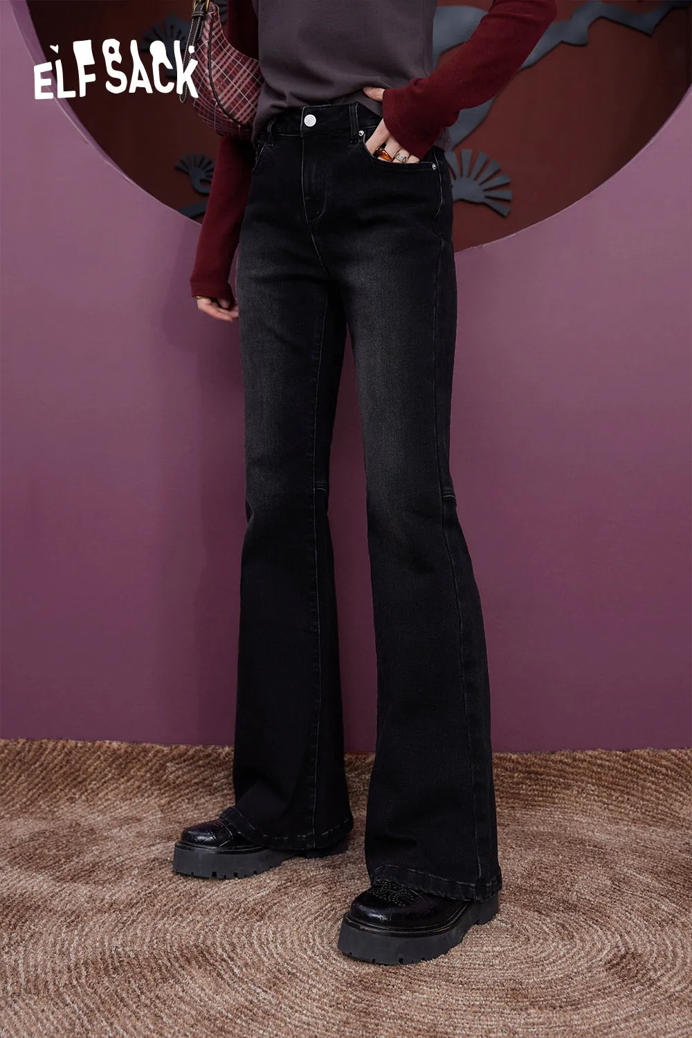 ELFSACK Flared Trousers Women 2023 Winter Slim High Waist Daily Jeans