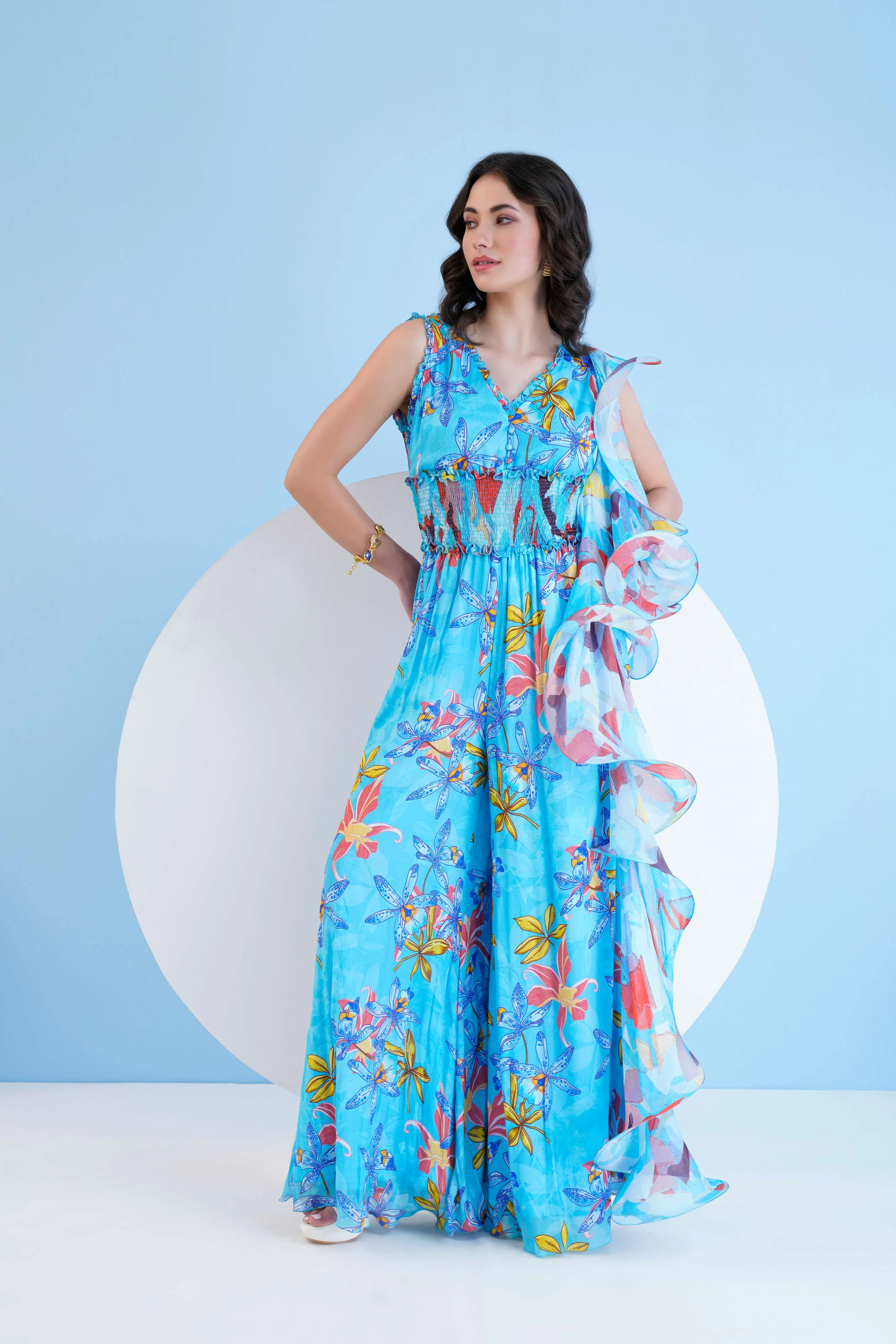 FLARED JUMPSUIT WITH CASCADE DETAIL