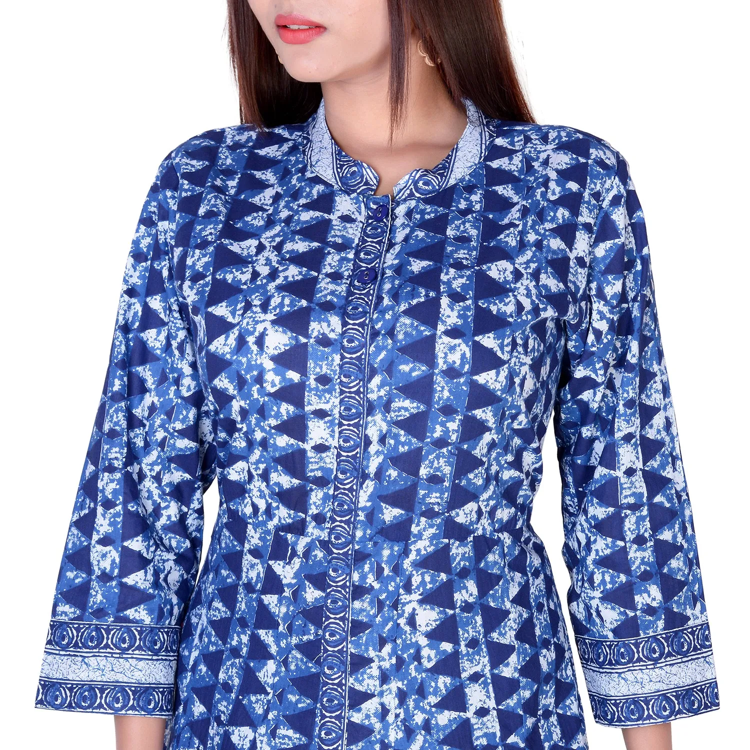 Floor Length Cotton Blue Geometrical Kurti
