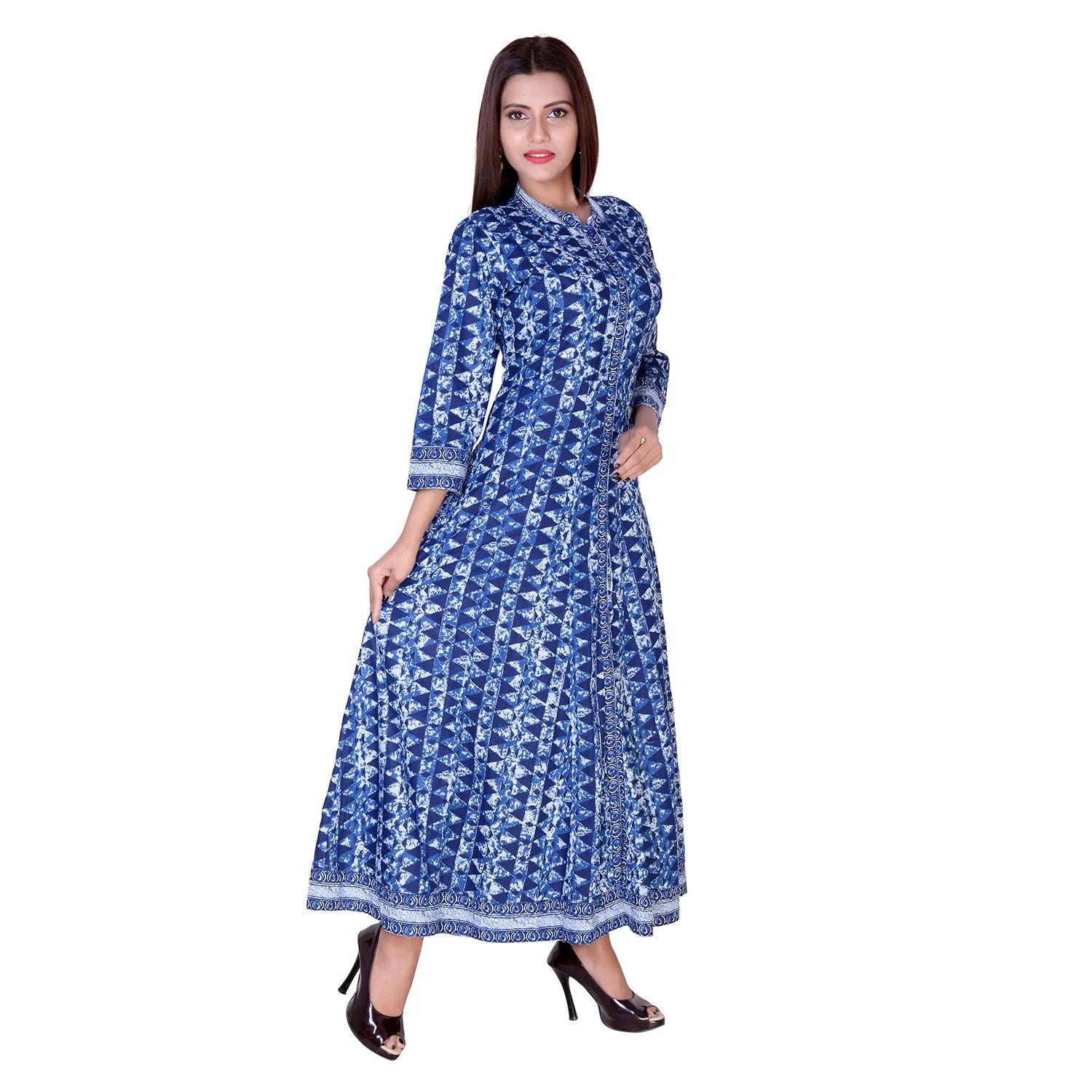 Floor Length Cotton Blue Geometrical Kurti