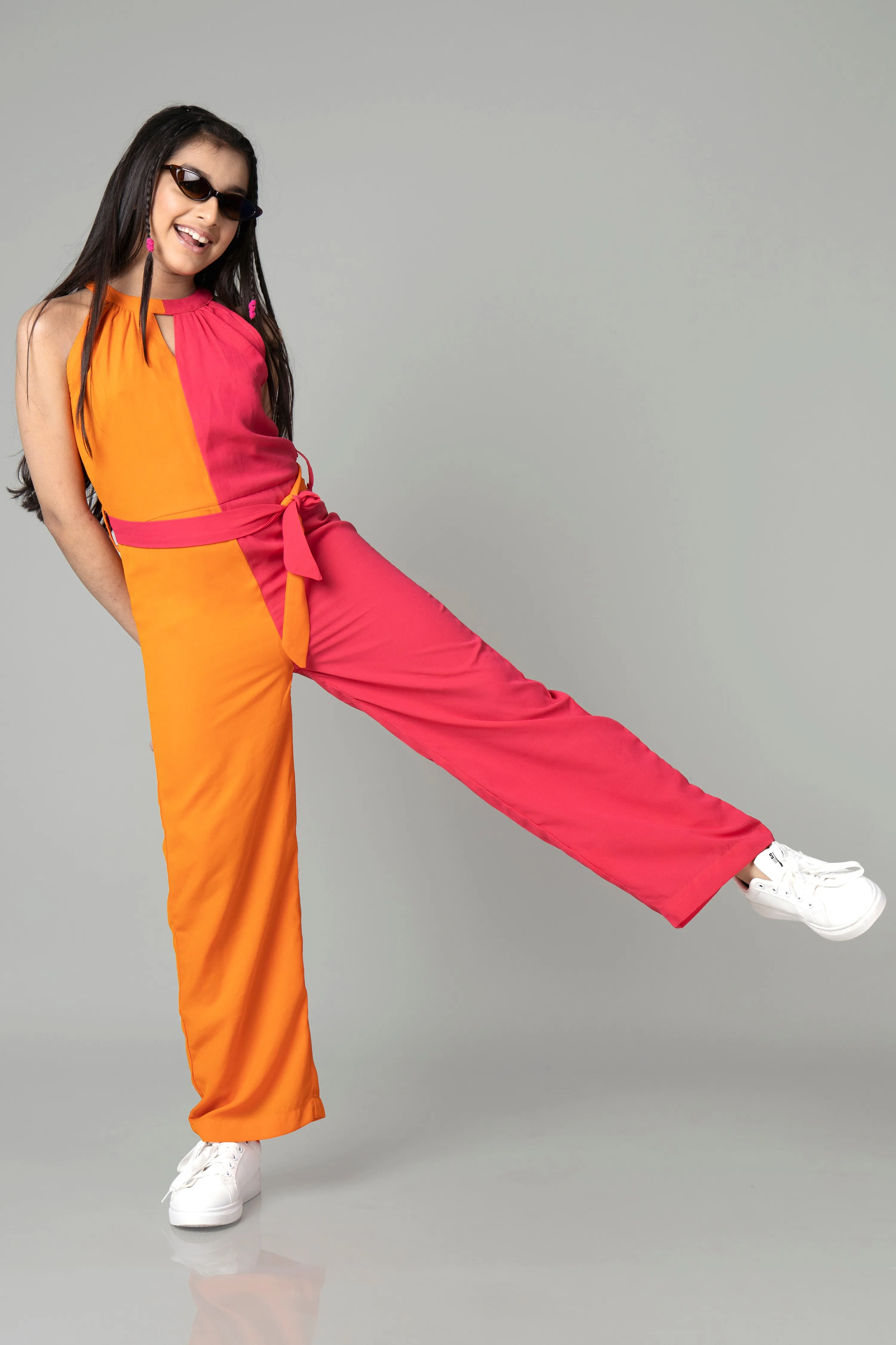 Halter Neck Tie Up Belt Jumpsuit For Girls