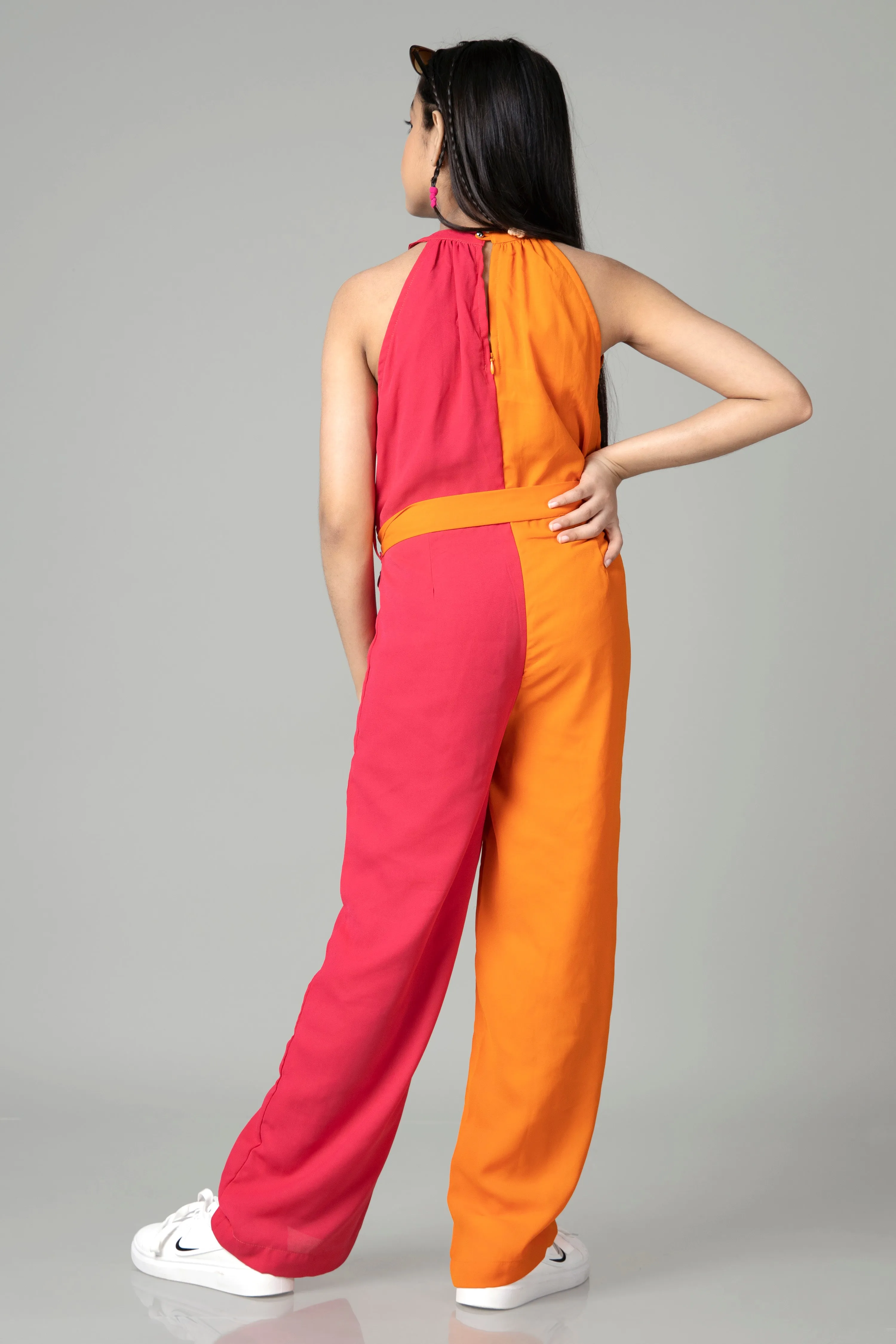 Halter Neck Tie Up Belt Jumpsuit For Girls
