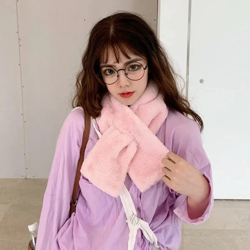 Korean Winter Faux Rabbit Fur Women Scarf Soft Plush Snood Scarves Solid Color Neck Collar Warmer Stuff Christmas Gift