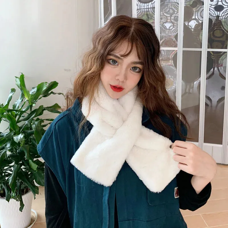 Korean Winter Faux Rabbit Fur Women Scarf Soft Plush Snood Scarves Solid Color Neck Collar Warmer Stuff Christmas Gift