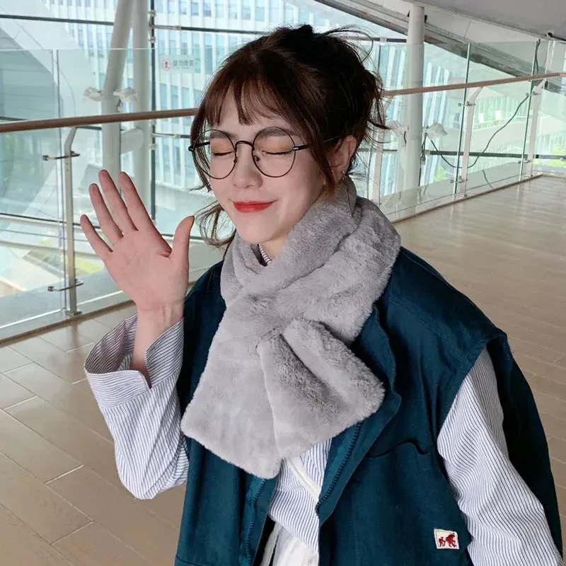 Korean Winter Faux Rabbit Fur Women Scarf Soft Plush Snood Scarves Solid Color Neck Collar Warmer Stuff Christmas Gift