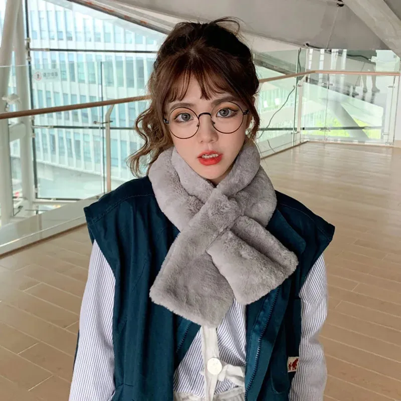 Korean Winter Faux Rabbit Fur Women Scarf Soft Plush Snood Scarves Solid Color Neck Collar Warmer Stuff Christmas Gift