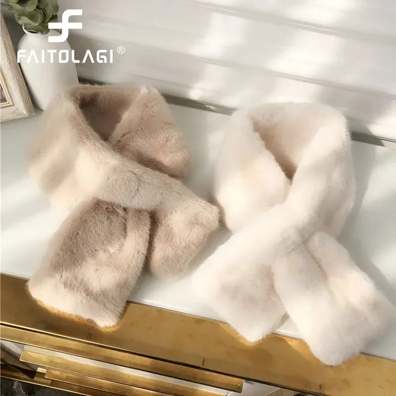 Korean Winter Faux Rabbit Fur Women Scarf Soft Plush Snood Scarves Solid Color Neck Collar Warmer Stuff Christmas Gift