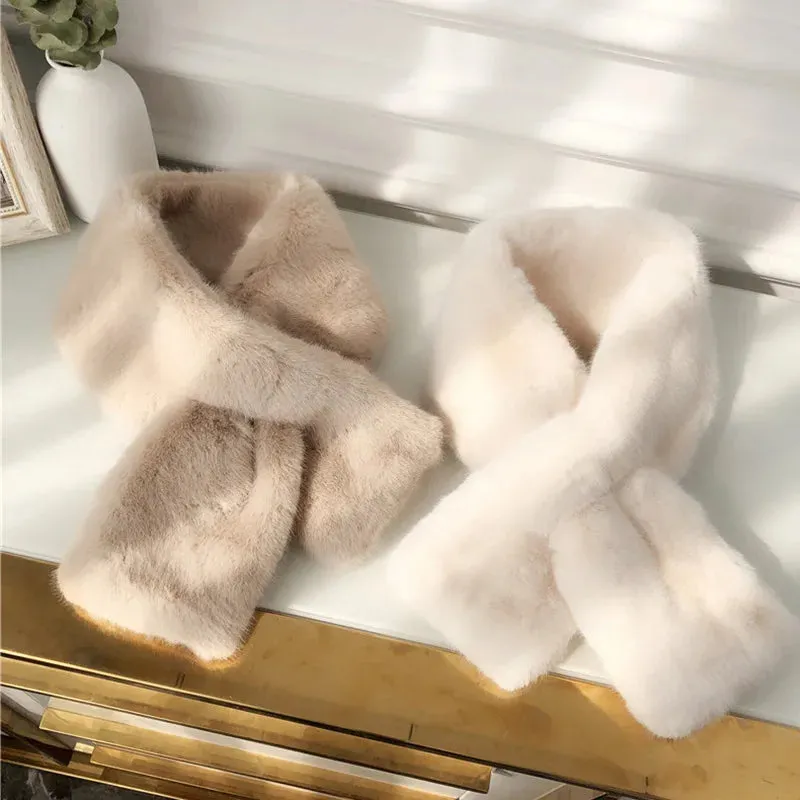 Korean Winter Faux Rabbit Fur Women Scarf Soft Plush Snood Scarves Solid Color Neck Collar Warmer Stuff Christmas Gift