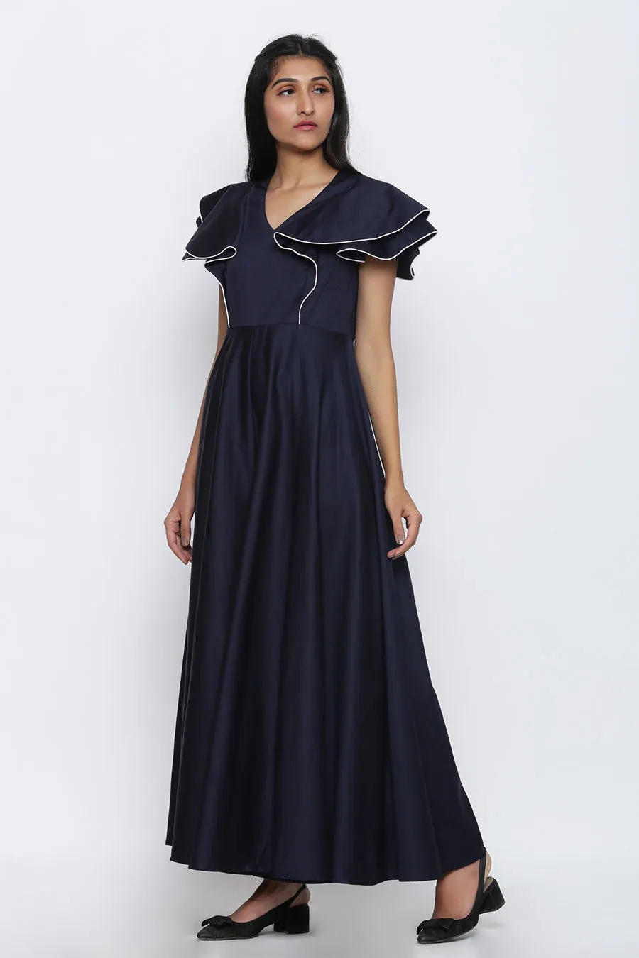Navy Blue Circular Drama Flare Jumpsuit