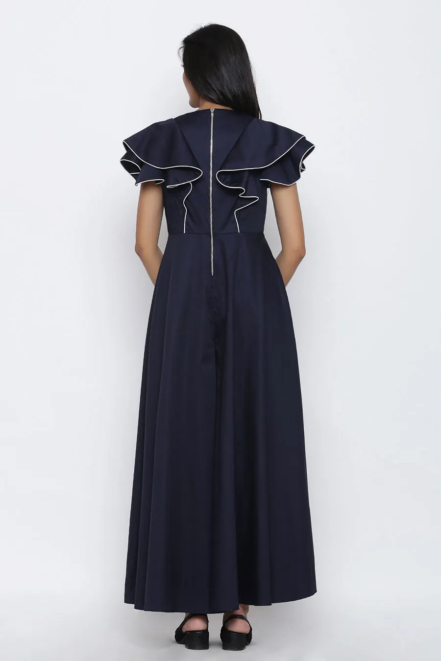 Navy Blue Circular Drama Flare Jumpsuit