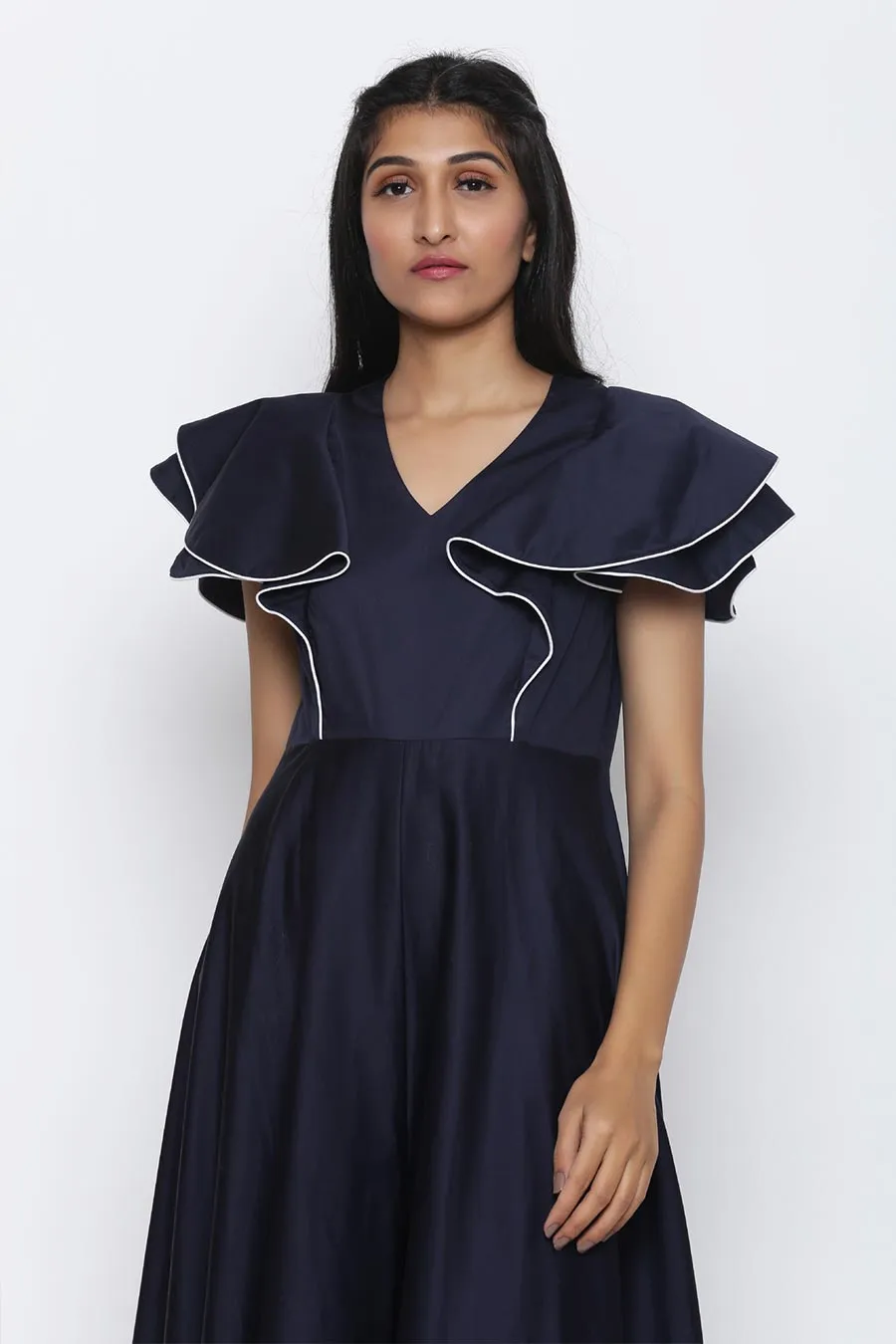 Navy Blue Circular Drama Flare Jumpsuit