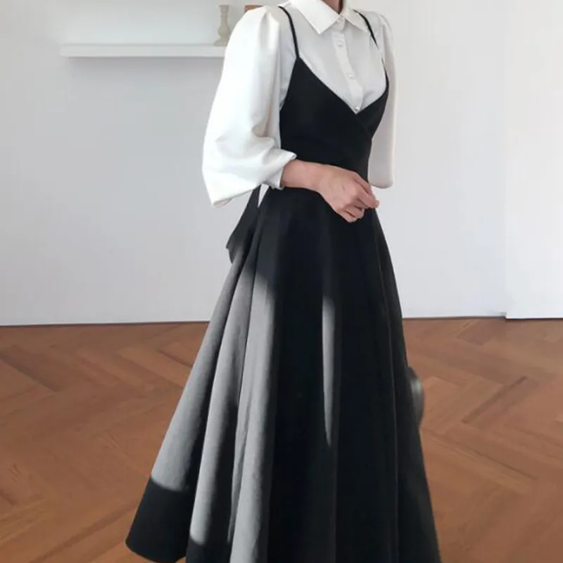 Purpdrank - New Spring Dress Women Single Breasted Lantern Sleeve Shirt Set Camisole Bow Pleated Solid Dresses