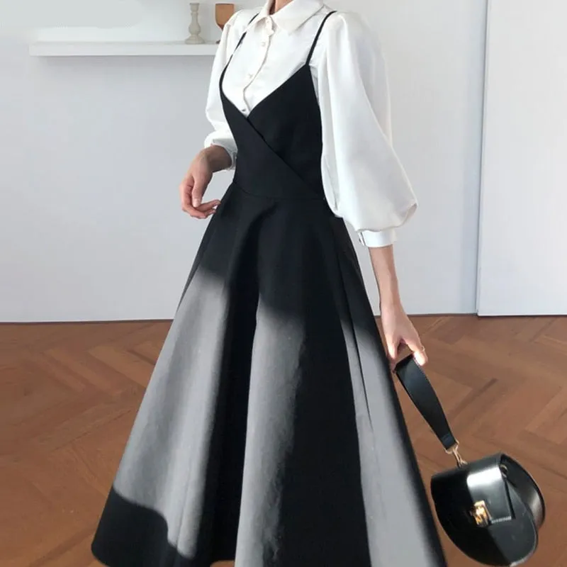 Purpdrank - New Spring Dress Women Single Breasted Lantern Sleeve Shirt Set Camisole Bow Pleated Solid Dresses
