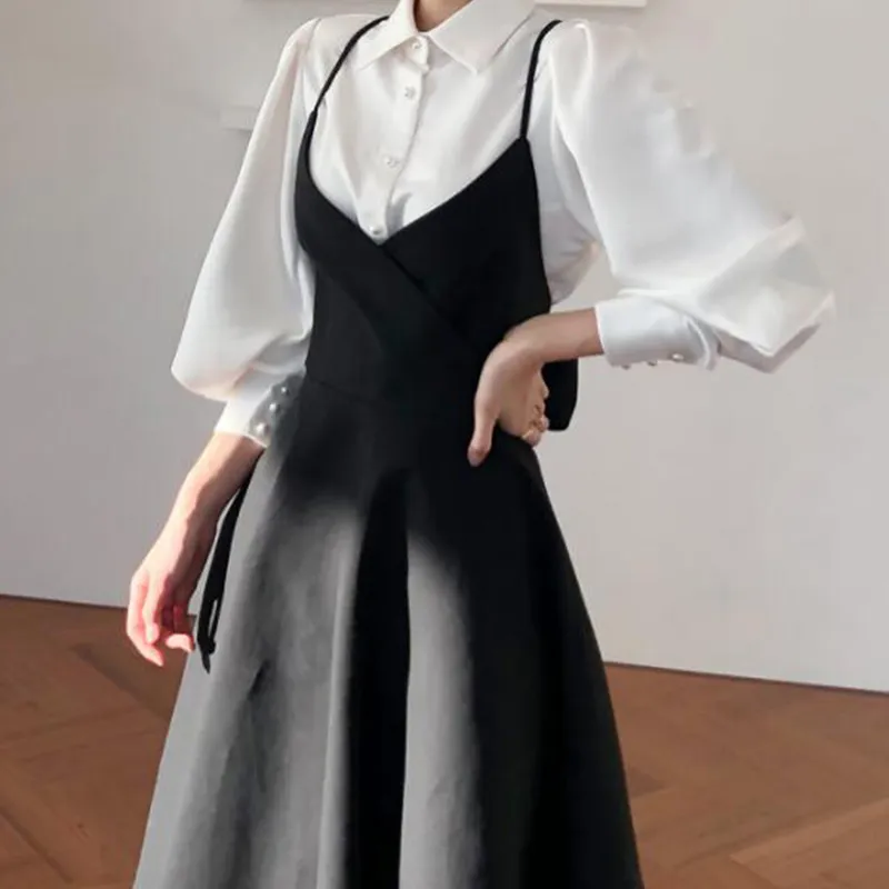 Purpdrank - New Spring Dress Women Single Breasted Lantern Sleeve Shirt Set Camisole Bow Pleated Solid Dresses