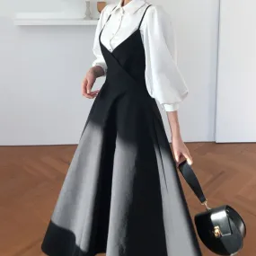 Purpdrank - New Spring Dress Women Single Breasted Lantern Sleeve Shirt Set Camisole Bow Pleated Solid Dresses