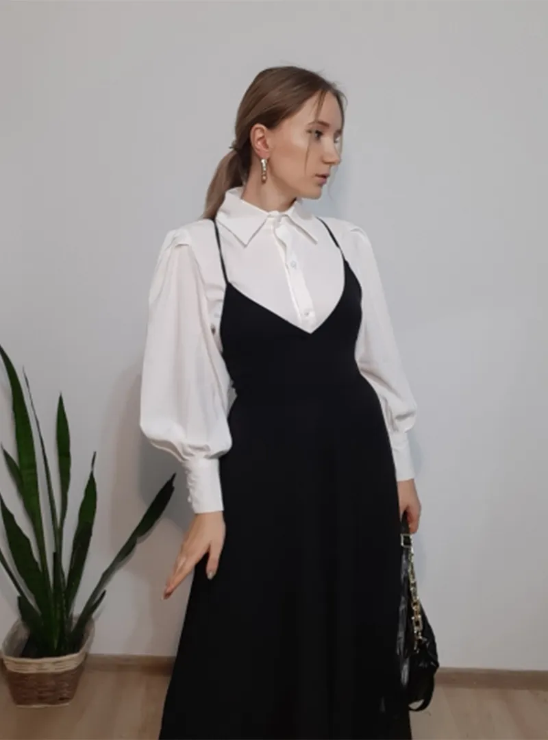 Purpdrank - New Spring Dress Women Single Breasted Lantern Sleeve Shirt Set Camisole Bow Pleated Solid Dresses